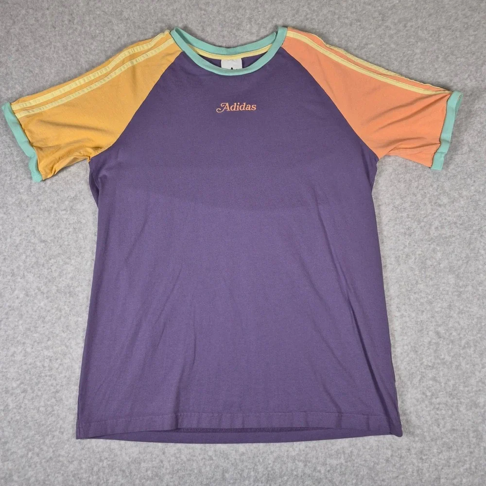 Adidas T-Shirt Mens Medium Purple Colorblock Raglan Trefoil Script Logo Tee